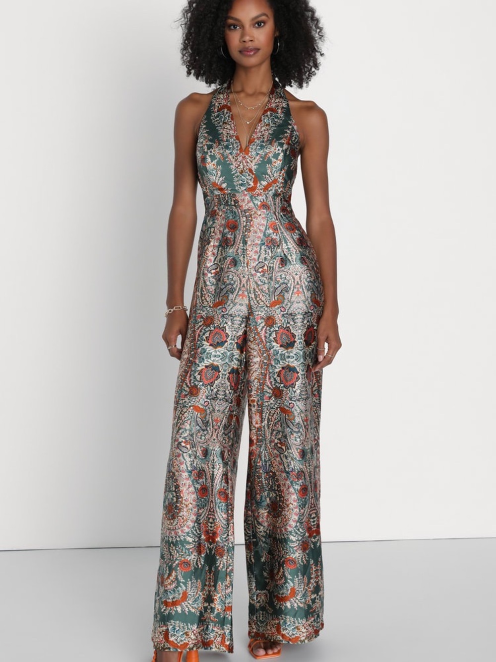 Lulus Divine Wanderings Teal Green Scarf Print Satin Wide-Leg Jumpsuit